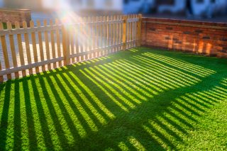 sun shining through a wooden picket fence onto an artifical grass lawn